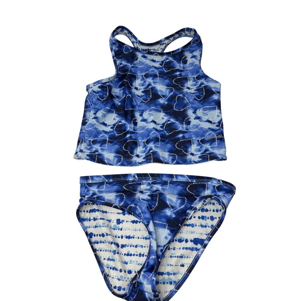 Eddie Bauer Reversible 2 Piece Tankini Swimsuit Girls S 7-8 Blue White Tie Dye